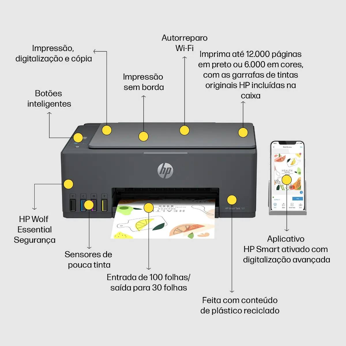 Impressora multifuncional HP Smart Tank 581 Colorida 1 USB 2.0 de alta velocidade (dispositivo); 1 porta Wi-Fi 802.11b/g/n; 1 Wi-Fi Direct - 100 a 240 VCA versao 2